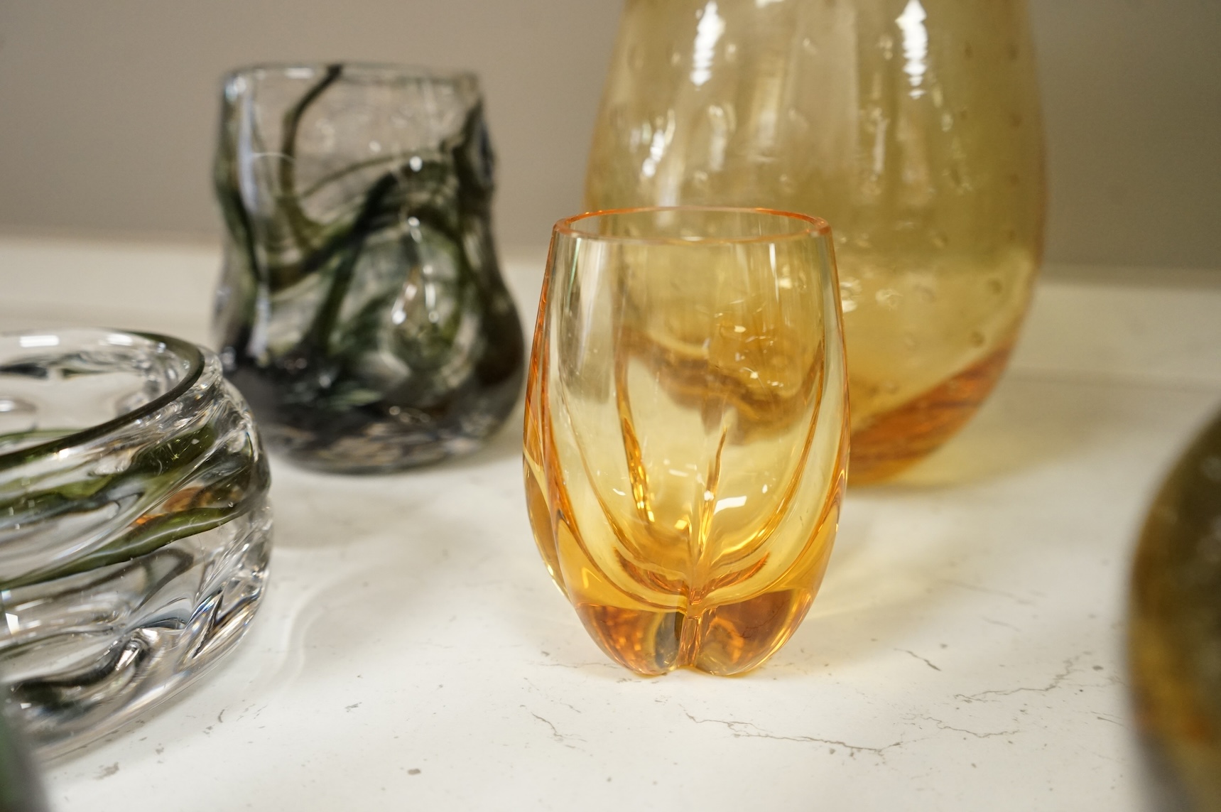 A collection of mixed coloured Whitefriars ‘Controlled Bubble’ and ‘Knobbly’ glassware, largest 37cm high (12)